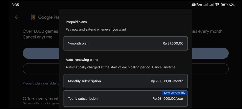 Biaya berlangganan Google Play Pass