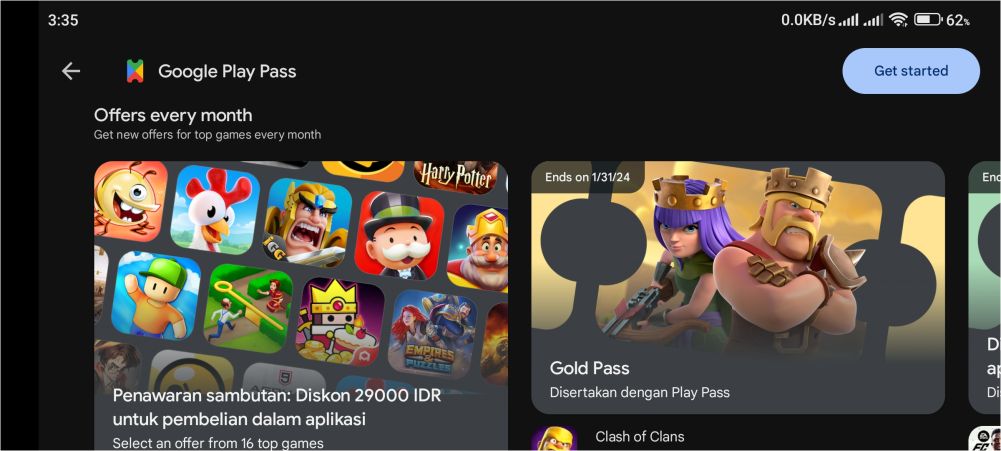Gold Pass Clash of Clans gratis menggunakan Play Pass